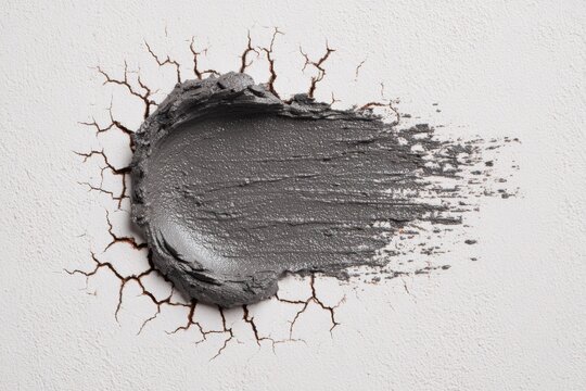Metallic gray paste sweeps across a cracked white surface, blending raw texture with artistic motion for construction, repair, or creative industrial design themes.
