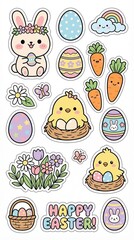 Fototapeta premium Kawaii Easter Sticker Set with Bunny and Eggs