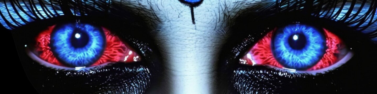 푸른색 눈동자와 붉게 충혈된 눈이 대조를 이루며 강렬하고 신비로운 분위기를 자아내는 어두운 메이크업을 한 인물의 눈을 클로즈업한 시네마틱한 이미지입니다.
