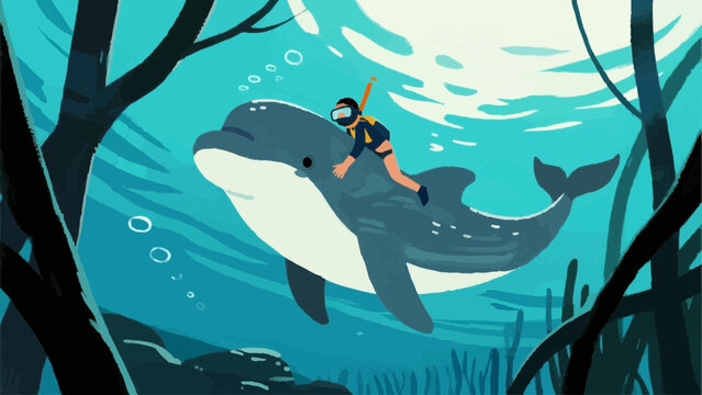 simple illustration. Simple illustration reminiscent of Scandinavia. summer vacation concept. sea. Snorkeling with do;phin