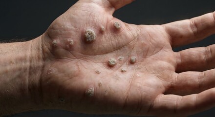 Naklejka premium Detailed perspective of multiple verrucae, commonly known as warts, covering the surface of a human palm, highlighting a prevalent skin infection that may require treatment