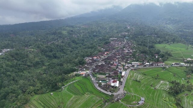 High aerial view of Jatiluwih village and rice terraces under cloudy sky, Penebel, Tabanan, Bali
