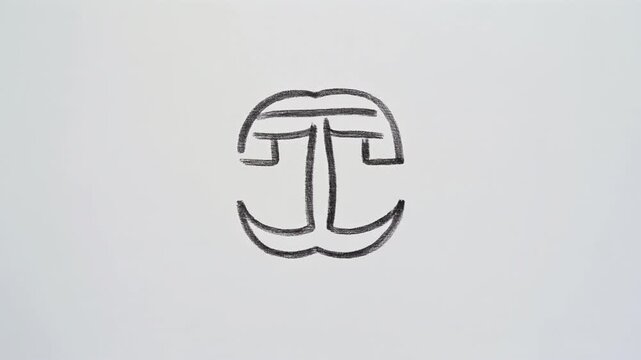 Simple abstract drawing on white, composed of thick black lines. Resembles a face-like structure