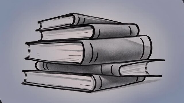 Black and white illustration of a stack of books, with shadows, on a light background