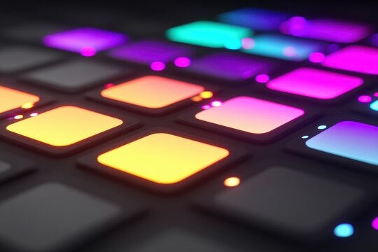 어두운 스튜디오 환경에서 화려한 네온 조명이 빛나는 미디 컨트롤러 드럼 패드의 클로즈업 이미지로 음악 제작과 디제잉 및 전자 음악 장비의 현대적인 감각과 창의적인 분위기를 생생하게 보여줍니다.