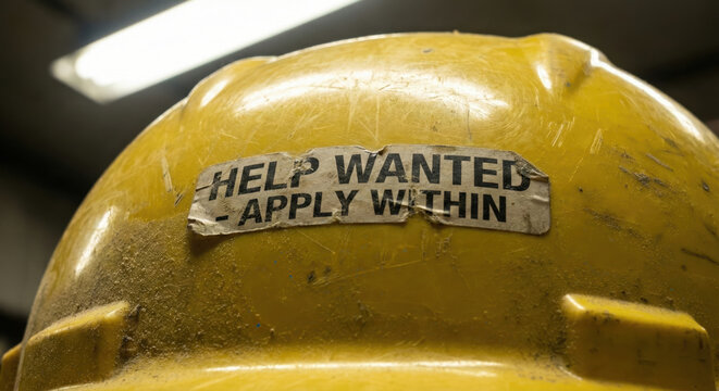 Labor shortage concept help wanted sign on yellow safety helmet shows market shortages pressure
