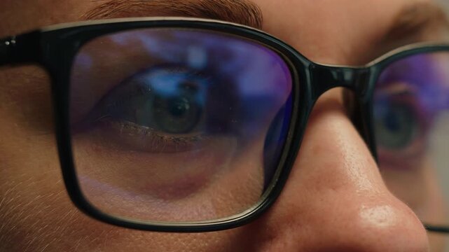 AI code on eyeglass glass, reflection on woman developer eyeglasses, working in dark office, tired busy people, depression on work, haker or it engineer with laptop, stocks markets. 