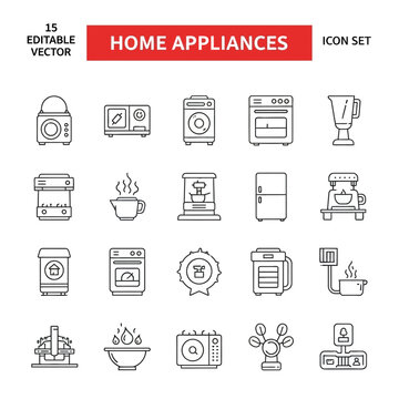 Vector illustrations depicting a variety of domestic devices and cooking tools for contemporary home convenience, ideal for modern lifestyle graphics and UI design