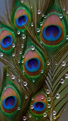 Obraz premium Majestic Peacock Feathers with Crystal Clear Water Droplets Macro Photography