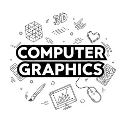 Dynamic vector illustration showcasing the essential tools and creative process behind computer graphics, digital design, and artistic software development