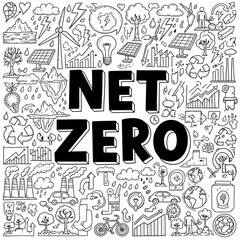 Collection of hand-drawn eco-friendly doodles illustrating the journey towards net zero emissions, sustainable living, and climate change action
