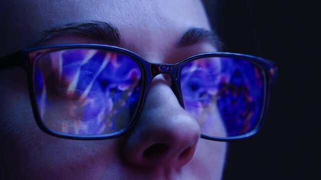 AI code on eyeglass glass, reflection on woman developer eyeglasses, working in dark office, tired busy people, depression on work, haker or it engineer with laptop, stocks markets. 