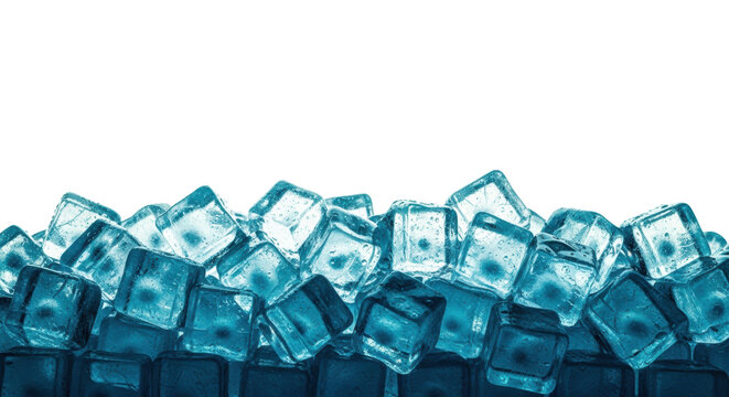 A massive pile of wet, aquamarine blue ice cubes isolated on a white background with large copy space. Concept of absolute refreshment