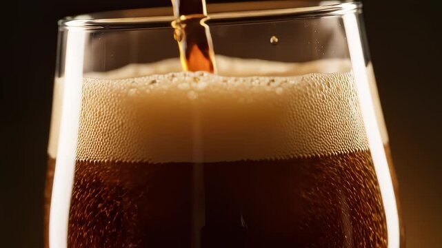 Dark Amber Beverage Pouring Into Glass Creating Frothy Head