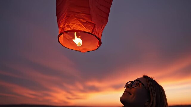 Woman Releasing Red Sky Lantern Into Dramatic Sunset Sky