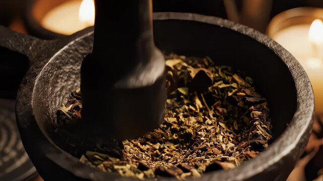Herbs Being Crushed In Mortar And Pestle With Candles Burning