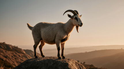 Obraz premium Funny pic mountain goat standing proud on rocky cliff at sunset scene