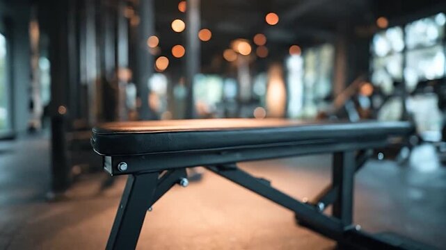 Empty black weight bench in a modern fitness gym with blurred background