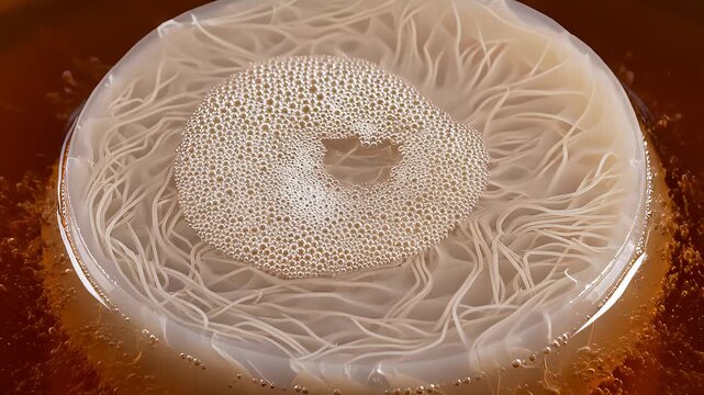 Kombucha Scoby Growing With Bubbles And Tendrils