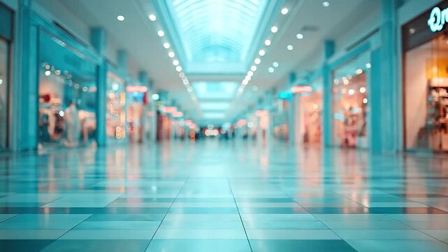 A long, empty, and brightly lit shopping mall corridor with blurred storefronts