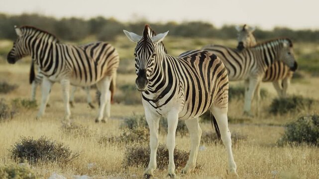 Closeup of herd of wild African zebra standing with baby zebra foal in savannah. epic shot of zebra closeup walking on grass. Wild animals of South Africa concept. Safari tourism. Wildlife of Tanzania