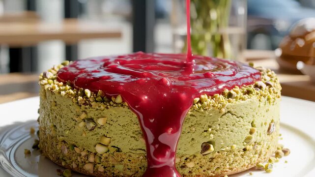 Pouring Raspberry Coulis Over A Pistachio Cake