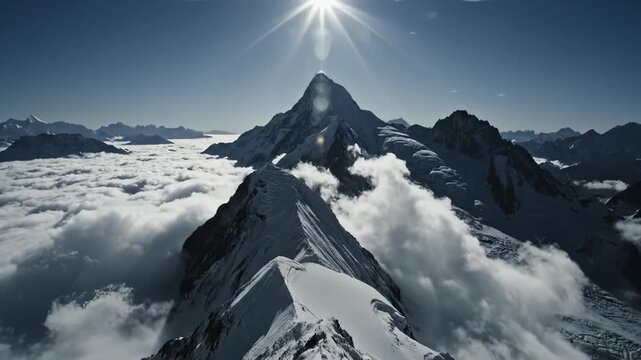 Climber Ascends Jagged Snowy Mountain Peak Under Bright Sun