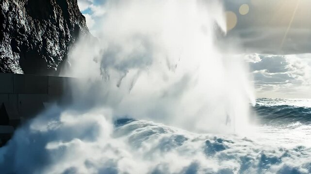 Powerful Ocean Waves Crash Against Concrete Sea Wall And Rocks