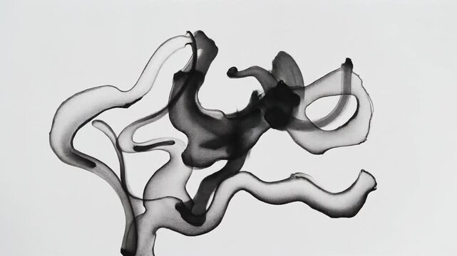 Abstract black ink shapes on white background, flowing lines with varying opacities