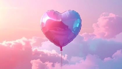 Fototapeta premium A heart-shaped balloon floats amidst fluffy clouds, its surface reflecting the soft pink and blue hues of the sky