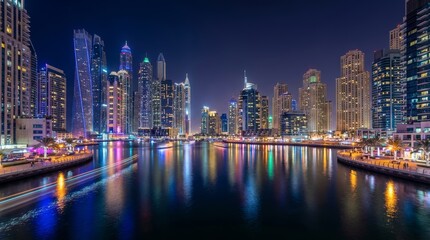 Obraz premium Dubai Marina Skyline At Night With Illuminated Modern Skyscrapers Reflected In Water And Boat Light Trails