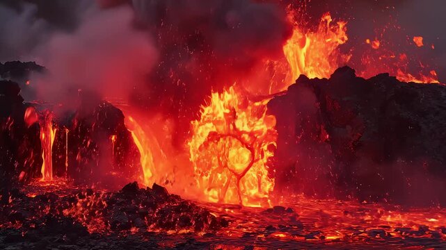 Fiery Lava Flowing Down Volcanic Rock With Explosive Smoke