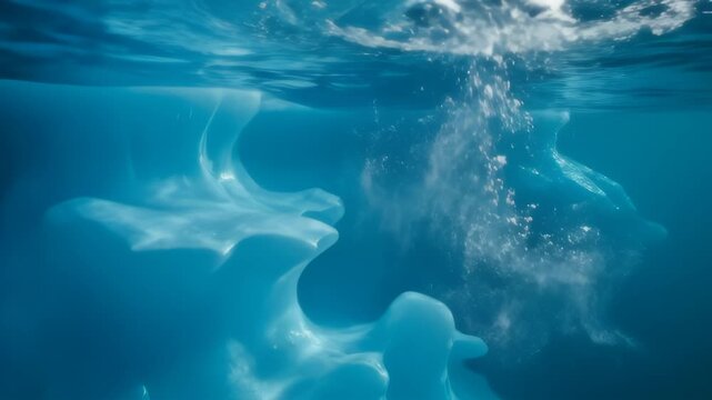Underwater Ice Formations Melting With Bubbles Rising In Arctic Ocean