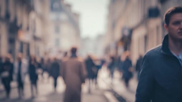 A bustling urban street scene captured with a soft focus effect