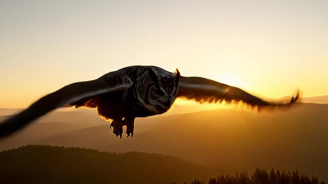 Majestic Owl Soars Through Golden Sunrise Over Mountain Landscape