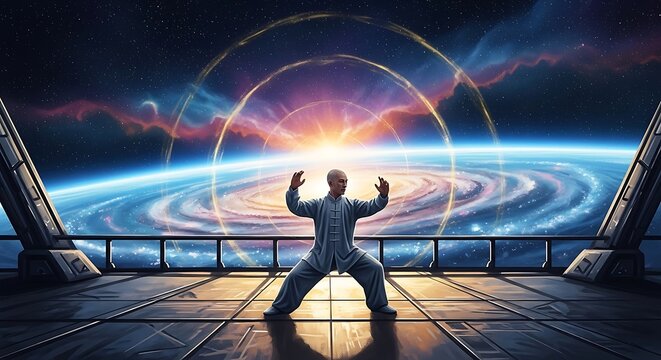 Figure in powerful meditative pose channels cosmic energy on futuristic platform overlooking galaxy, symbolizing spiritual balance and inner strength
