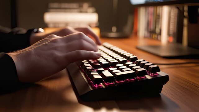 Close Up Of Hands Typing Fast On A Glowing Mechanical Keyboard