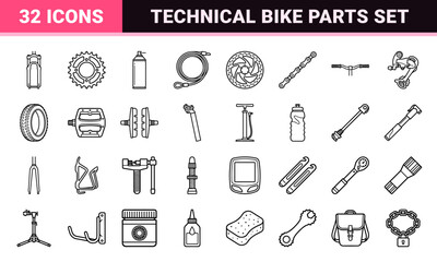 Fototapeta premium Technical Bicycle Component and Repair Tool Monoline Symbols for Cycling Maintenance and Workshop Schematics with Minimalist Line Aesthetic