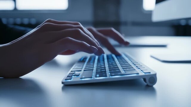 Close Up Of Fingers Typing Quickly On A Modern Illuminated Keyboard