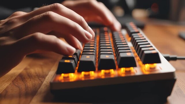 Person Typing On Illuminated Mechanical Keyboard With Orange Backlight