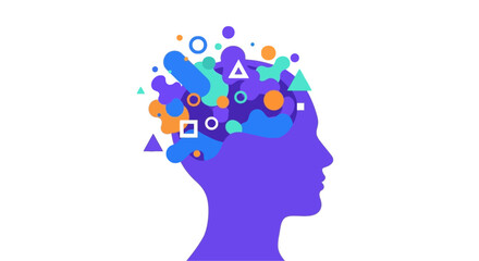A creative illustration of a purple human head silhouette with a brain filled with colorful shapes and symbols, representing imagination, creativity, and innovation, ideal for marketing, education, an