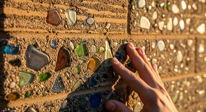 Hand reaching out to touch mosaic wall made of recycled glass pieces