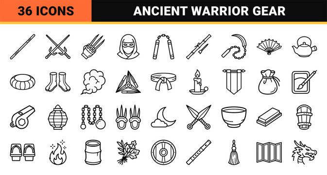 Martial Arts Shinobi Weaponry Monoline Symbols Featuring Stealth Tactics Gear and Ancient Combat Equipment in High legibility Minimalist Aesthetic.