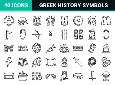Ancient Greek Spartan Warrior Monoline Symbols for Historical Strategy Games and Educational Interface Design with Minimalist Line Art Aesthetic