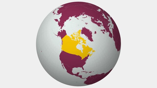 Canada map. Animated zoom into the country on the Globe in Pale Mint Dark Pink color palette. Country logo animation with round text and airplanes. Map with meridians, parallels. Classic video.