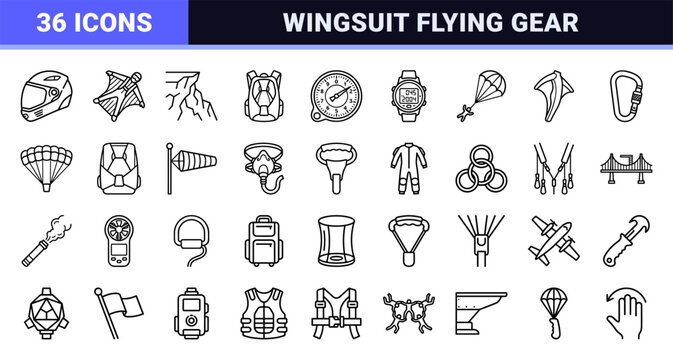 Extreme Air Sports Neo-Line Symbols for Wingsuit Flying and Base Jumping featuring Technical Parachute Gear and Altitude Tracking Instruments