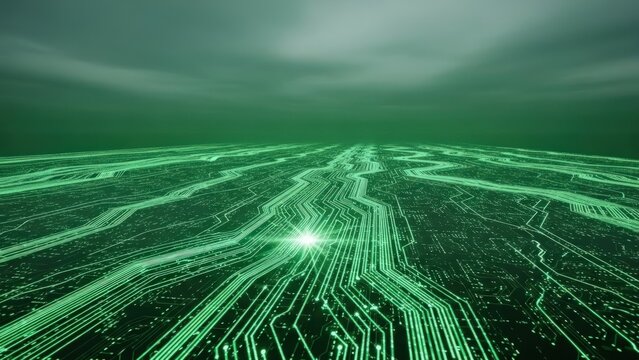 Futuristic green electronic pathways with glowing data points under a cloudy sky