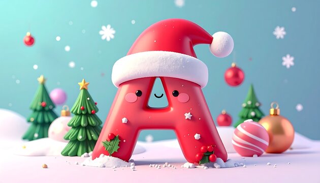 Adorable 3D rendering of a letter "A" wearing a Santa hat amidst festive decorations like ornaments, snow, and trees
