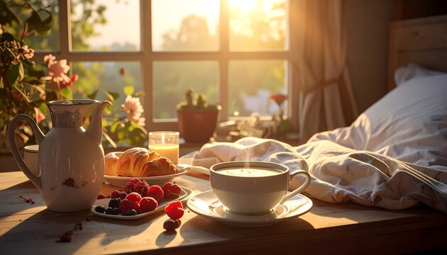 A sunlit breakfast arrangement on a wooden table. Includes coffee, pastries, berries, and a juice. A comfortable bed sits nearby