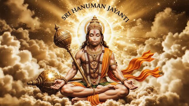 Lord Hanuman Meditating in Golden Clouds for Hanuman Jayanti